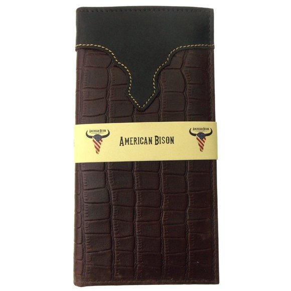 American Bison Rodeo Leather Wallet Crocodile Print Cutout Brown Checkbook Cover - Picture 1 of 3